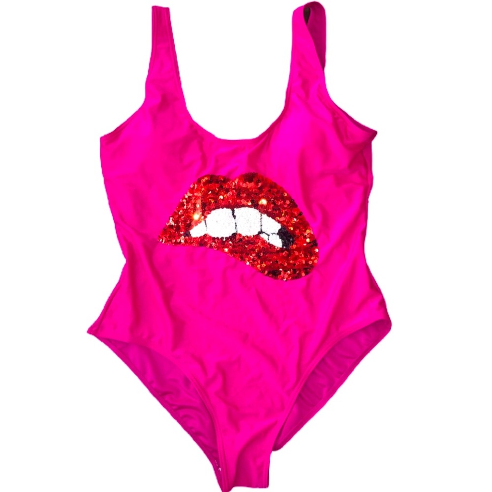Women’s One Piece Sequined Lip Swimsuit